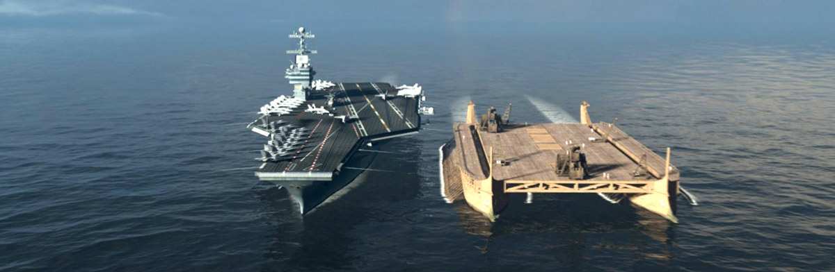 Digital reconstruction of a giant tessarakonteres, compared with modern aircraft carrier. Source: blog.kakaocdn.net